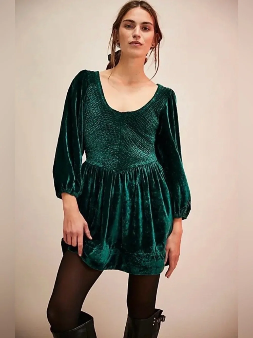 Free People large Farrier greenvelvet mini dress Christmas smocked bodice